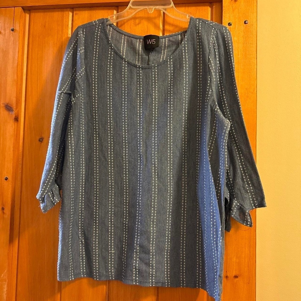 W5 Blouse Women 2X Blue Excellent Striped‎ Ruffle Sleeve Textured Top